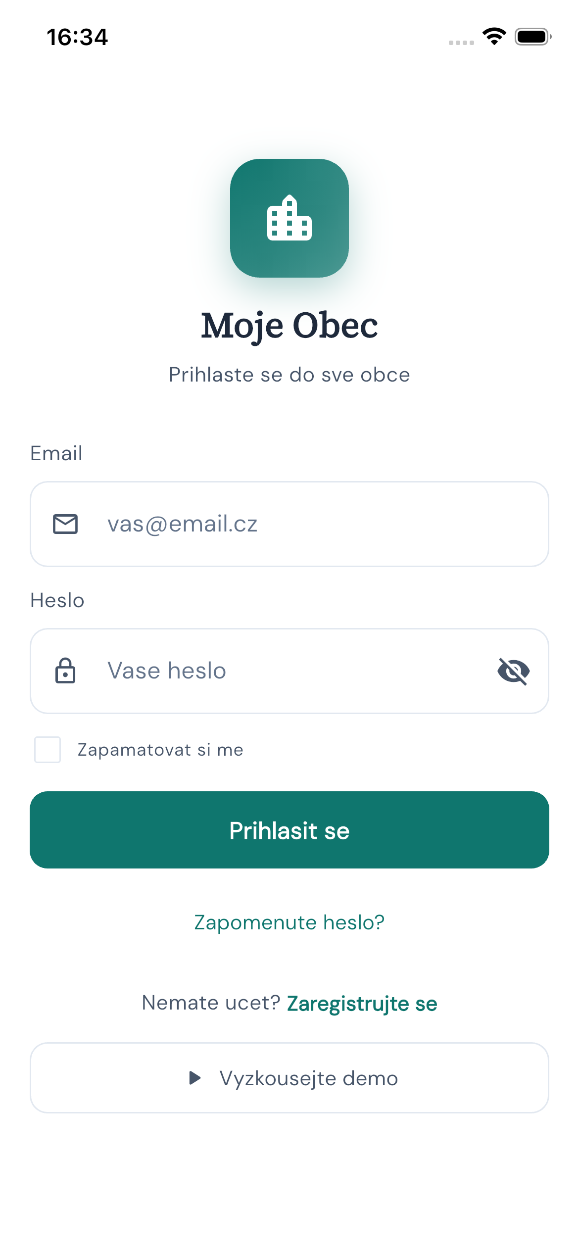 Moje Obec - Login screen